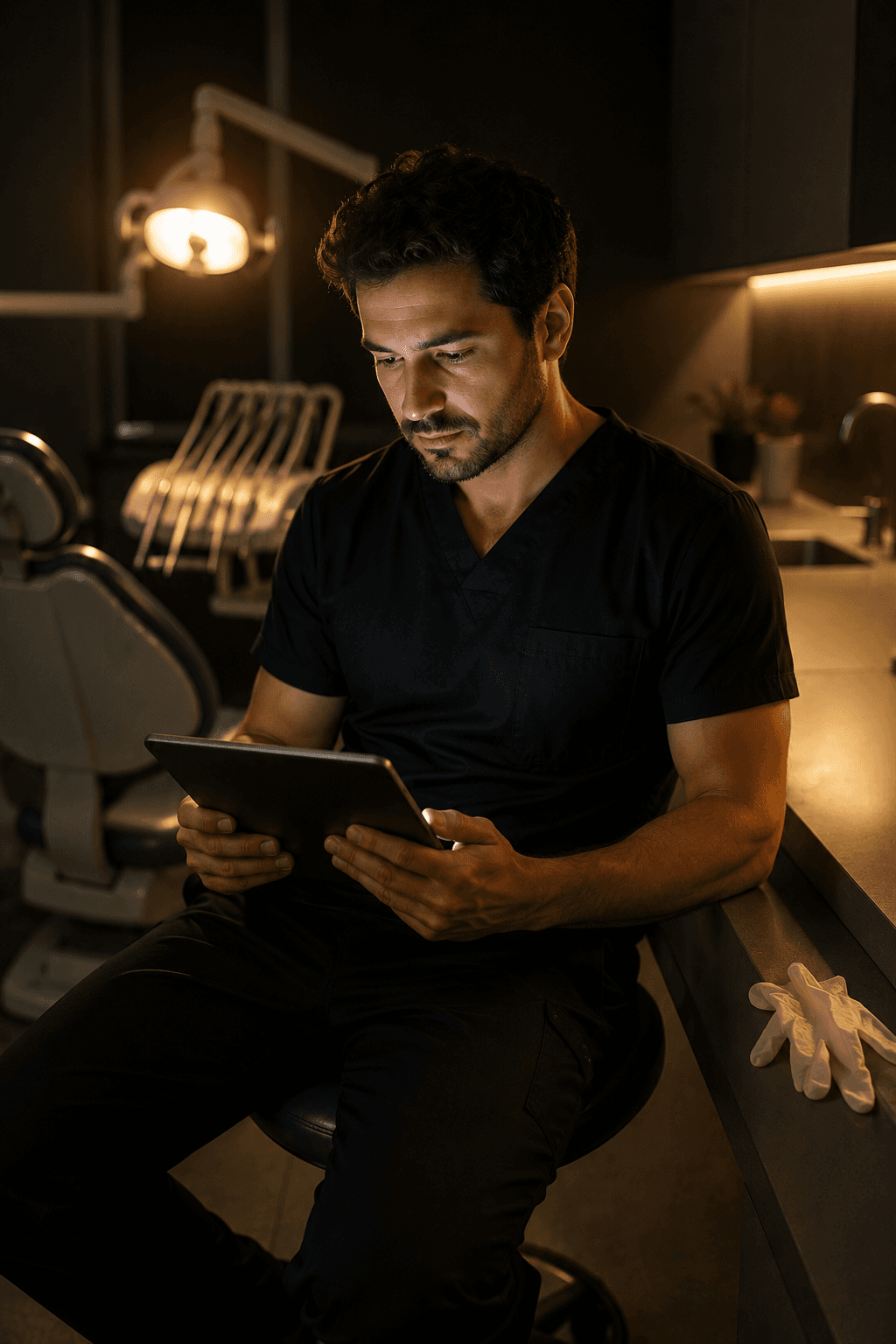 Dentista revisando um módulo do IOP Business no tablet, dentro do consultório